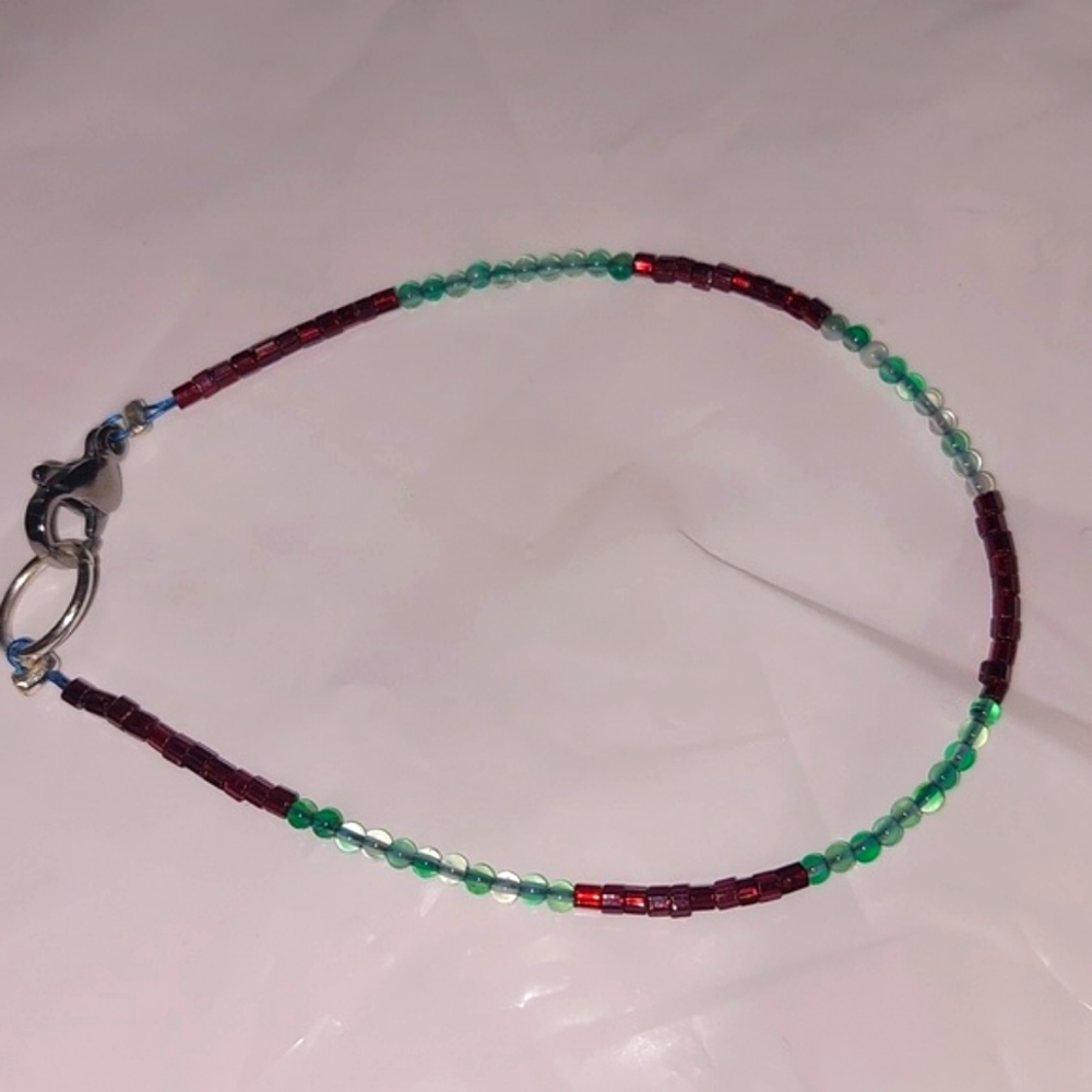 Red Small Glass Beads and Green Adventurine Bracelet  .Homemade